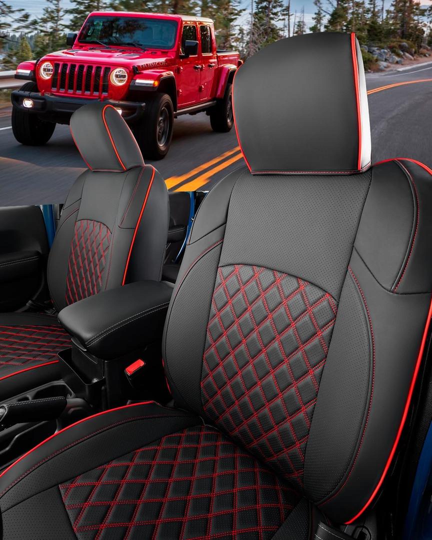 for Jeep Gladiator 2020-2024 2025 Seat Covers, Front & Rear Cushion Cover Custom Fit for Jeep Gladiator Waterproof Seat Cover Protectors Full Coverage (Black+Red 2021 2022, Not for Power Seats