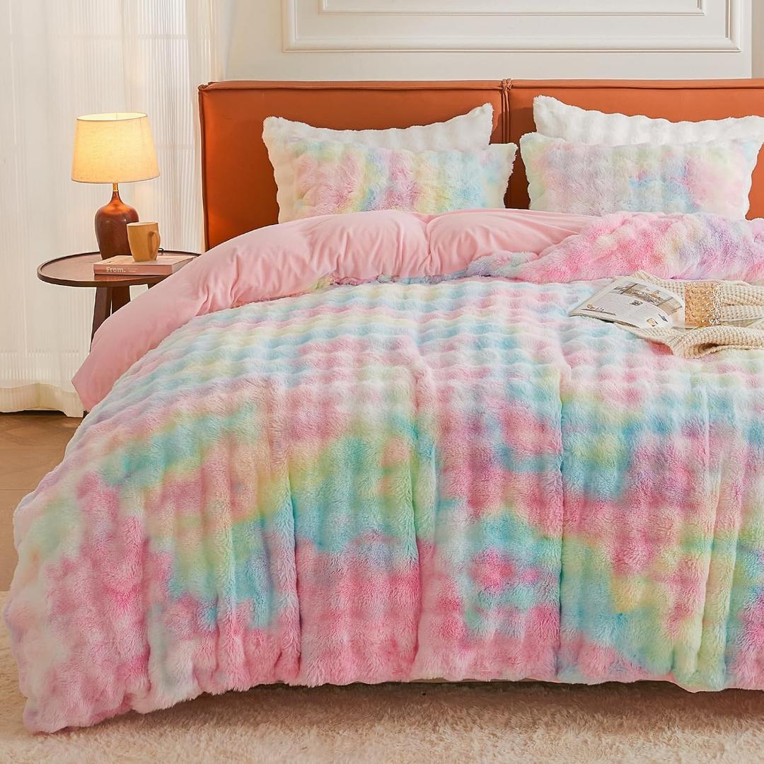 EMME Faux Fur Duvet Cover King Size, 3 Pieces Ultra Soft Fluffy Comforter Cover, Cozy Warm for Winter, Luxury Elegant Shaggy Bubble Design Bedding, 1 Duvet Cover & 2 Pillow Shams (King, Rainbow)