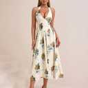 Parthea Women's Gingham Halter V Neck Midi Dress Corset Smocked Sundress Flowy A Line Wedding Guest Dresses, Size: 10-12