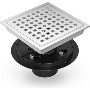 EXF 6 Inch Square Shower Drain Chrome, Stainless Steel Shower Floor Drain Kit with ABS Flange, Removable Grid Cover, Hair Strainer