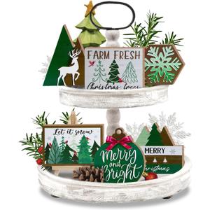 Guoofu 11 Pcs Merry Christmas Green Tiered Tray Decor, Farm Fresh Xmas Tree Balls Reindeer Snowflake Farmhouse Wood Decorations Set, Winter Holiday Rustic Wooden Decorative Signs for Home Table Shelf