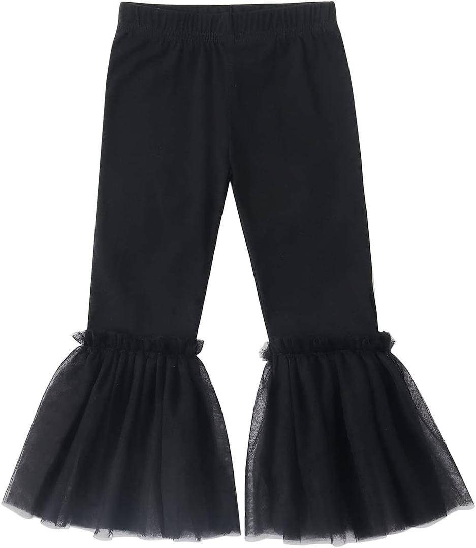 Noomelfish Girls Ruffle Leggings Tulle Bell Bottoms Flare Pants Trousers (3-10 Years) (Black)
