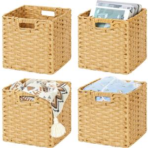 DULLEMELO Wicker Storage Cube Set - 11 Inch Wicker Baskets with Handles for Organizing Shelves, Natural - Set of 4