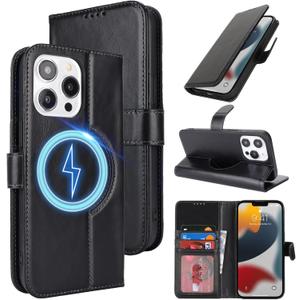 Zouzt for iPhone 13 Pro 6.1" Genuine Leather Wallet Case with Card Holder, for MagSafe Magnetic Wireless Charging, Flip Folio Book Kickstand Shockproof Cover Women Men for iPhone 13 Pro - Black
