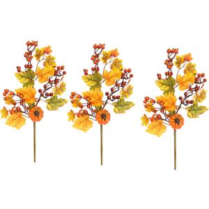 Admired By Nature Artificial Autumn Flowers 20" Faux Spray with Mini Pumpkins, Fruit & Berries - for Home Holiday Fall Decor, Thanksgiving Floral Arrangement Decorations - Gold Green Set of 3