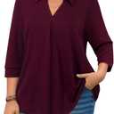 Amrto Womens Plus Size Shirts Collar Tops 3/4 Sleeve V Neck Blouse Loose Fit Soft Casual Business(XL) (Red)