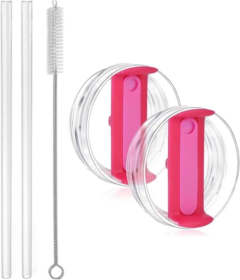 40oz Travel Tumbler Lid Compatible for Stanley,2 Pack Clear Replacement Lids 2 Pcs Extra Long Reusable Plastic Straws and 1 Pcs Cleaning Brush.(Hot Pink)