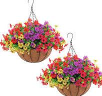 Hananona 2 Set Artificial Outdoor Flowers with Hanging Basket, 2 Hanging Planters with 24 Pcs Flowers for Spring Summer Front Porch Garden Patio Home Decor (2, Red, Purple, Yellow, Rose Red