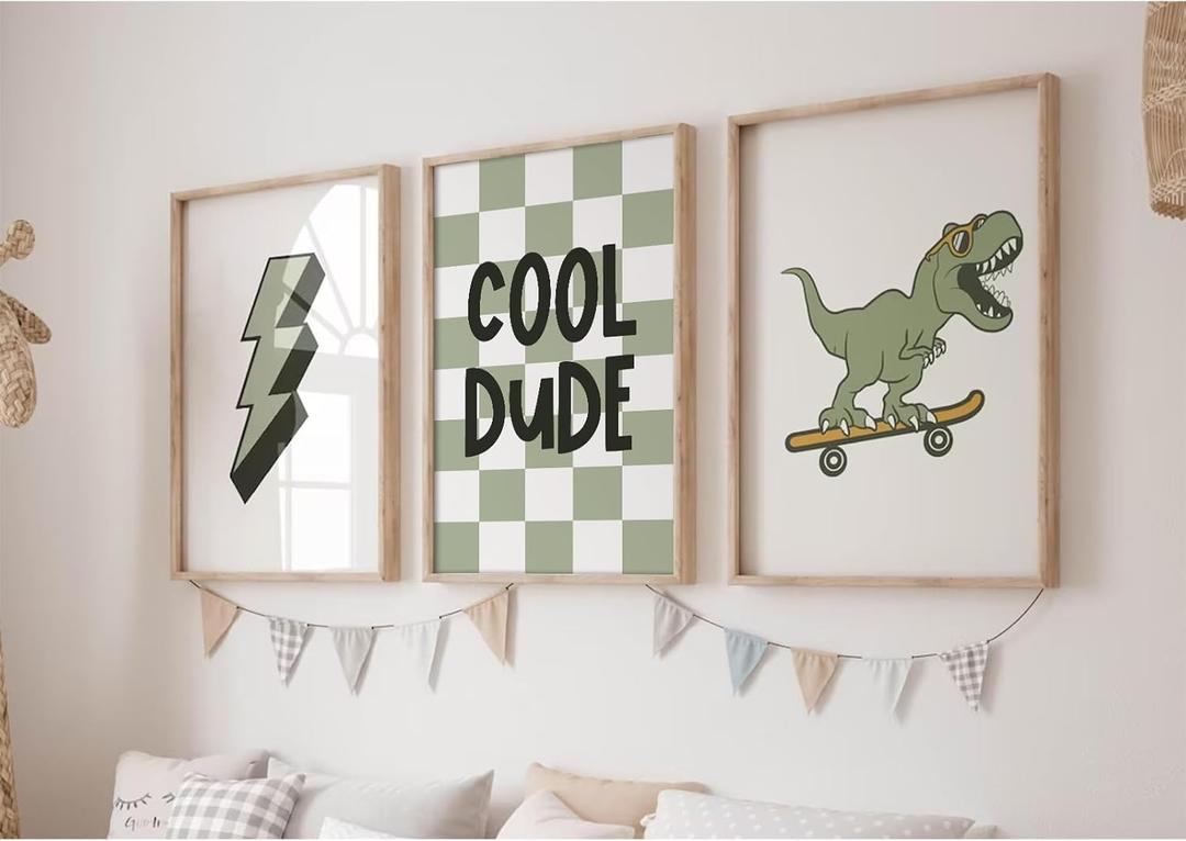 Nursery Dinosaur Wall Art Set of 3 Boys Room Canvas Decor Toddler Kids Art Prints Dinosaur Skateboard Pictures Poster Boys Dino Artwork Decor for Bedroom 12x16 Inch Unframed