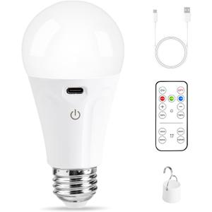 Rechargeable Light Bulbs with Remote Control and USB Charging; Dimmable Battery Operated Light Bulb with 3 Color and 4 Timer; A19 Wireless Light Bulbs for Wall Sconce Not-Hardwired, 1 Pack