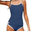 Girls Swimsuit Two Piece Cross-Back Straps Girls Tankini Contrast Trim Drawstring Girl Bathing Suit for Teens, 13-14Y