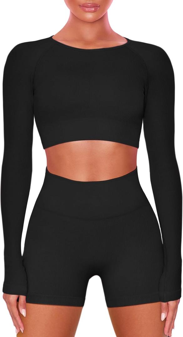 Buttergene Women Workout Sets 2 Pieces Long Sleeve Yoga Outfits Gym Clothes Seamless Ribbed Crop Top High Waist Leggings (Medium, 1top+shorts-black)