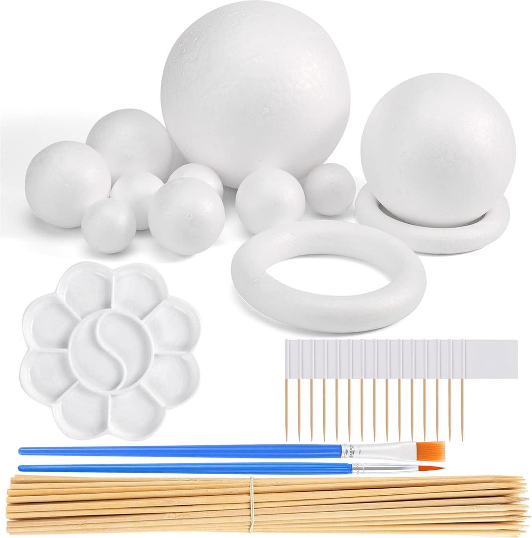 47PCS Solar System Model Foam Ball Kit Includes 10 Sizes Polystyrene Spheres Balls, Bamboo Sticks, Blank Toothpick Flags, Brushes, Paint Tray Palette for School Science Projects