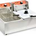 Commercial Deep Fryer with Basket 6-12L Capacity Adjustable Temperature and Timer Stainless Steel With lid Suitable for home/commercial/camping/outdoor (Double fry basket + machine-17.5lbs)