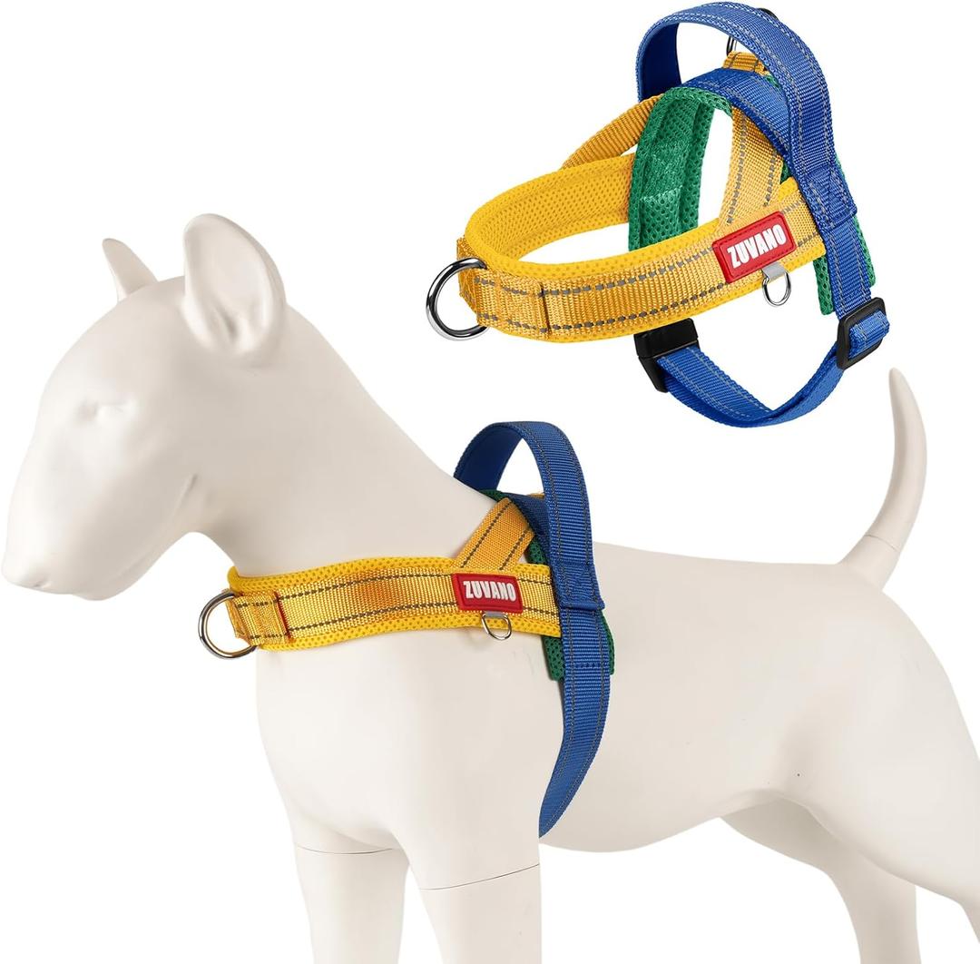 Yellow Step in Dog Harness Medium Sized Dog, Freedom No-Pull Escape Proof Front Clip Dog Harness  Adjustable Reflective Padded Vest with Vertical Handle for Traffic Control, Yellow/Blue, L