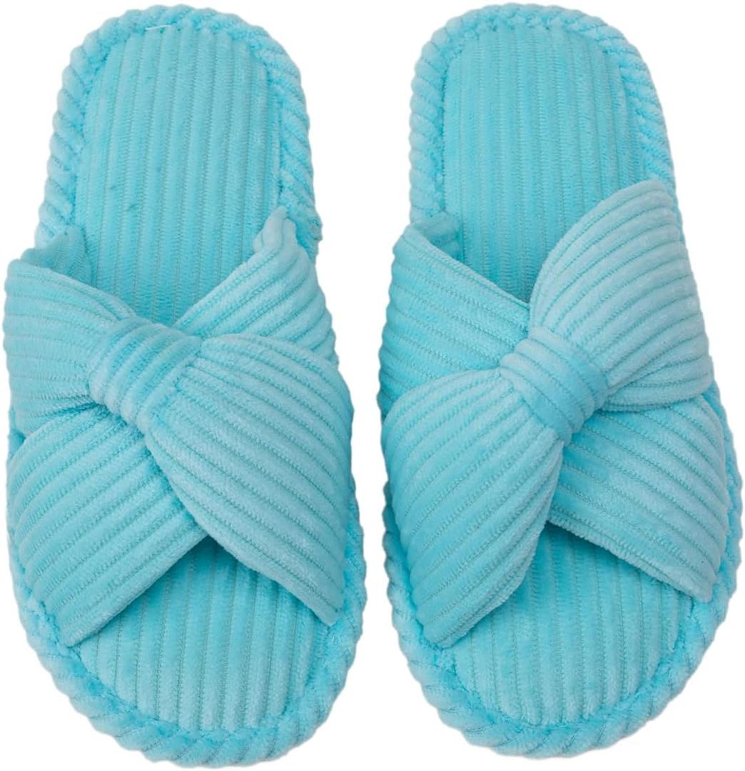 Enteer Women's Corduroy Bow Memory Foam Slippers, Open Toe Cross Band Non-Slip Indoor Outdoor House Slippers