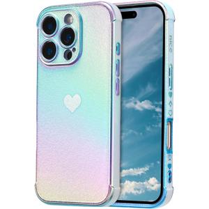 ZTOFERA for iPhone 16 Pro Max Case 6.9 inch,Cute Colorful Iridescent Plating Edge Case with Love Hearts Pattern,Camera Lens Protection Shockproof Phone Case for Women Girls,Iridescent Blue