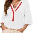 Saodimallsu Womens Short Sleeve Sweater Tops V Neck Collared Oversized Color Block Casual Summer Knit Polo Shirts