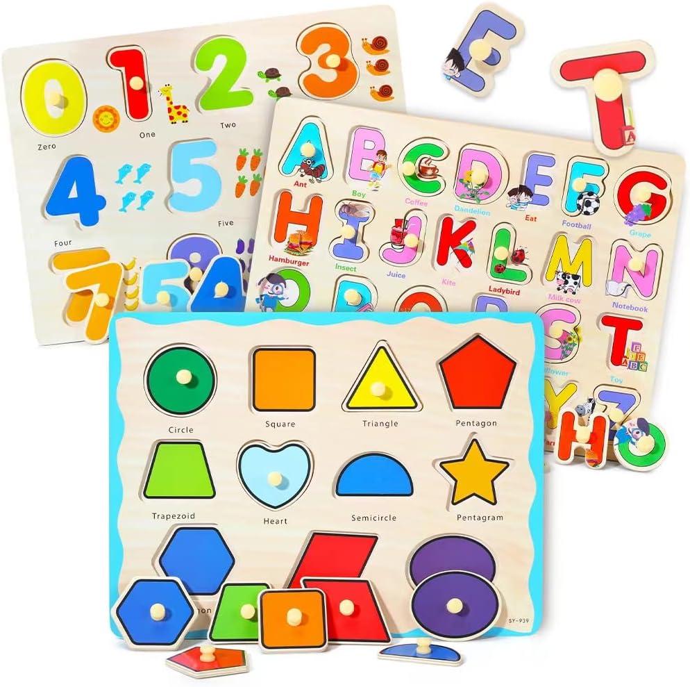 GRINNNIE Wooden Montessori Toddler Puzzles for 3 4 5 Years Old, 3 Pcs (Number, Letter, Shape) Kids Preschool Educational Peg Puzzle Set (Small)