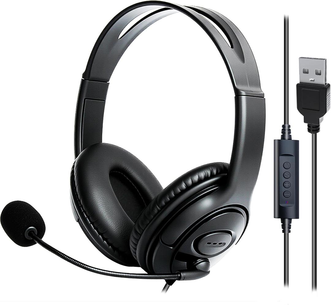USB Headset with Mic, Computer Wired Headphones with Microphone for PC, Laptop (Black - Full Ear Cups)