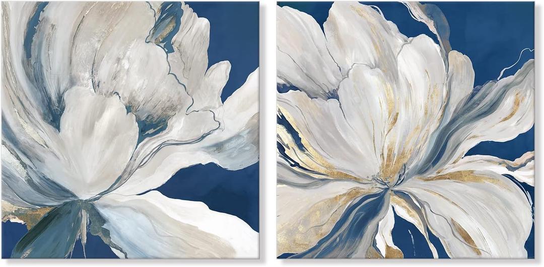 Goldfoilart Indigo Blue Flower Wall Art for Living Room White Floral Canvas Pictures Modern Paintings Framed Artwork Prints for Bedroom Dining Room Office Wall Decor 24"x24"x2pcs,  Indigo Blue