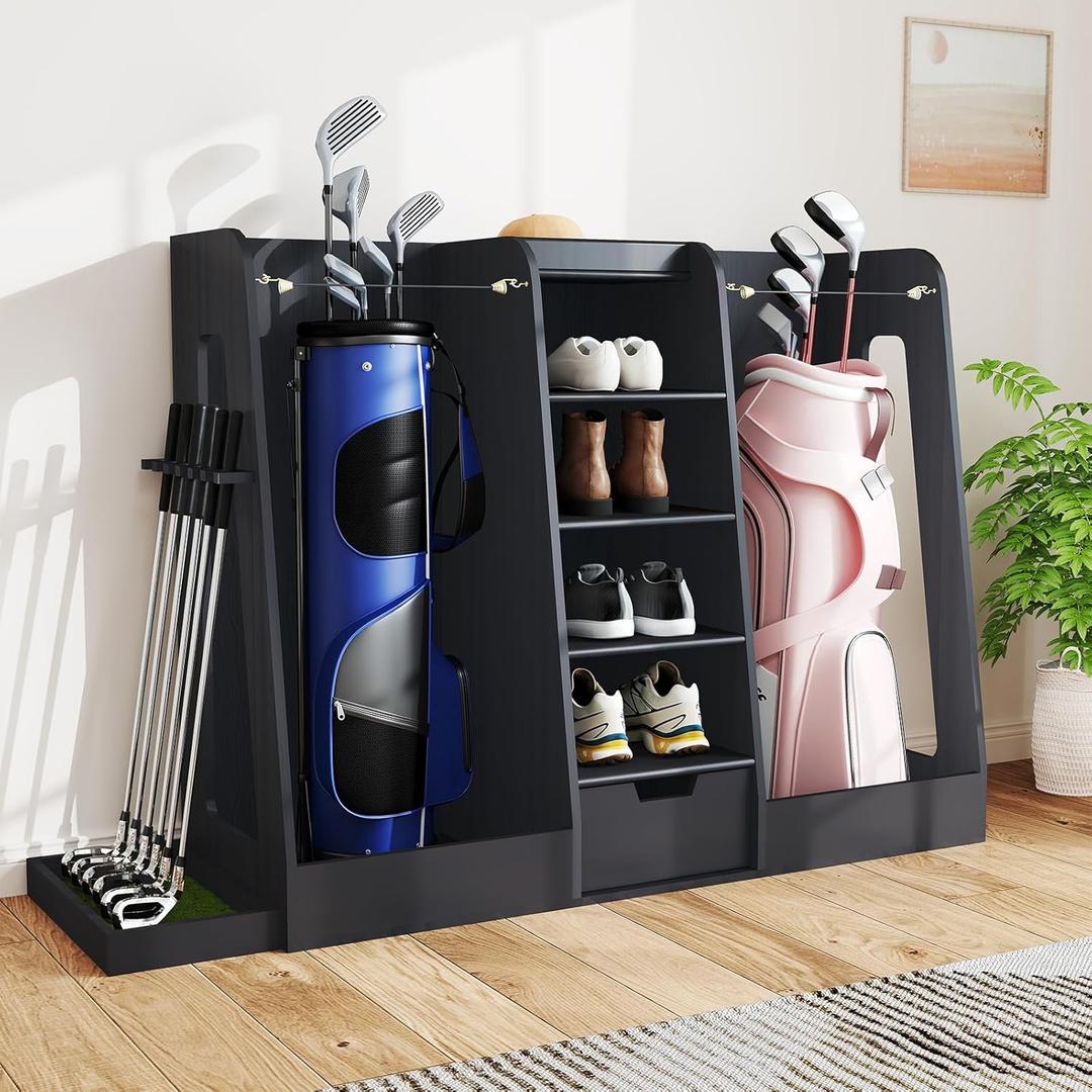 Wooden Golf Bag Organizer and Storage Rack, Golf Storage Organizer for Garage, Golf Bag storage Rack, Holds 2 Golf Bags and Other Golfing Equipment, Suitable for Garage Home Golf Club
