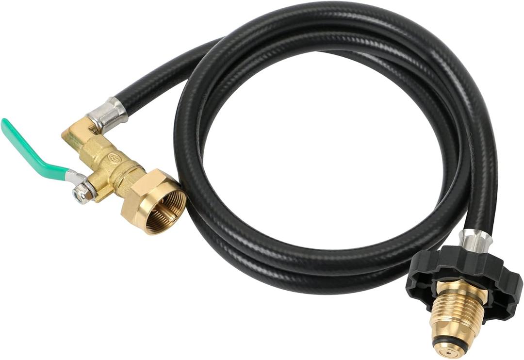 ATKKE 48‘’ Propane Refill Adapter Hose for POL Type 1LB Tank Bottle Adapter, Gas Refill Extension Hose Connector with ON/OFF Control Valve 350PSI High Pressure Camping Grill, 4FT