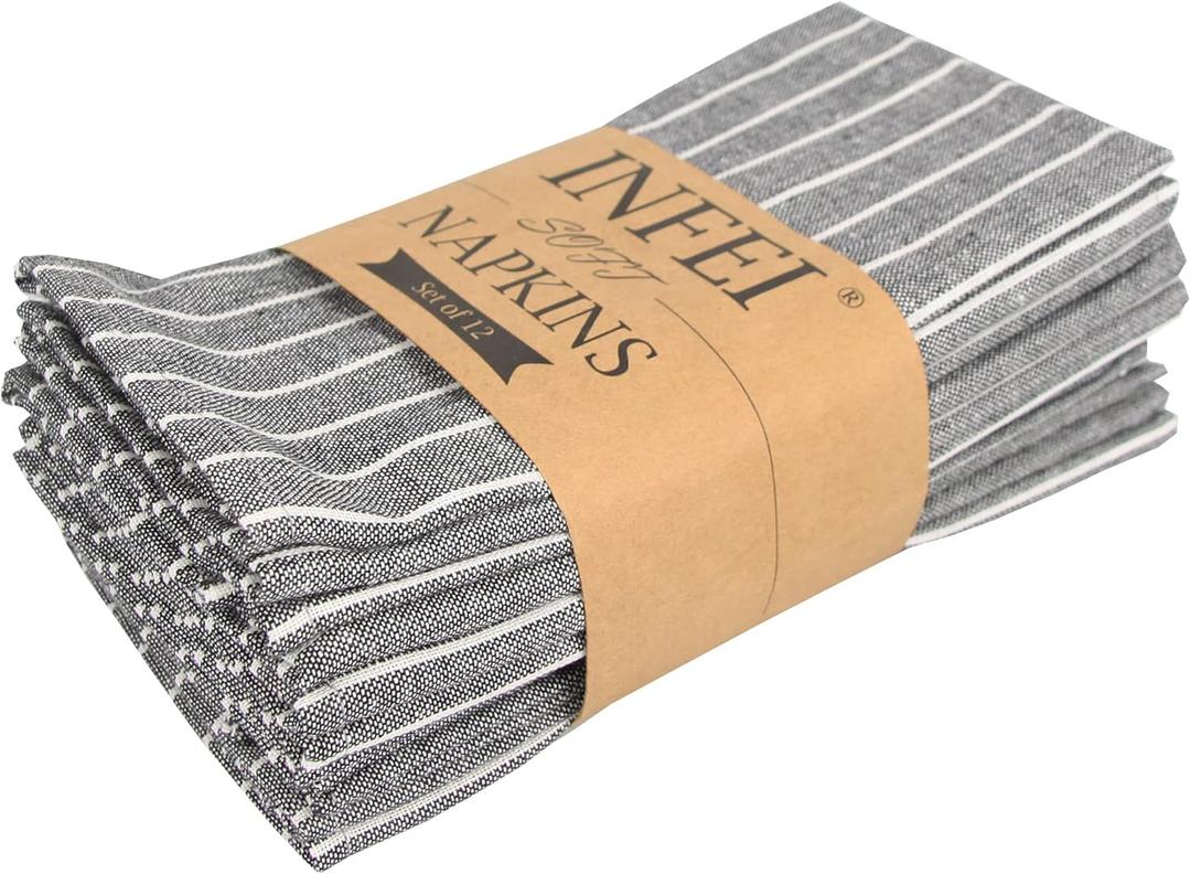 White Striped Linen Cotton Dinner Cloth Napkins - Set of 12 (17 x 17 inches) - for Events & Home Use (Black)