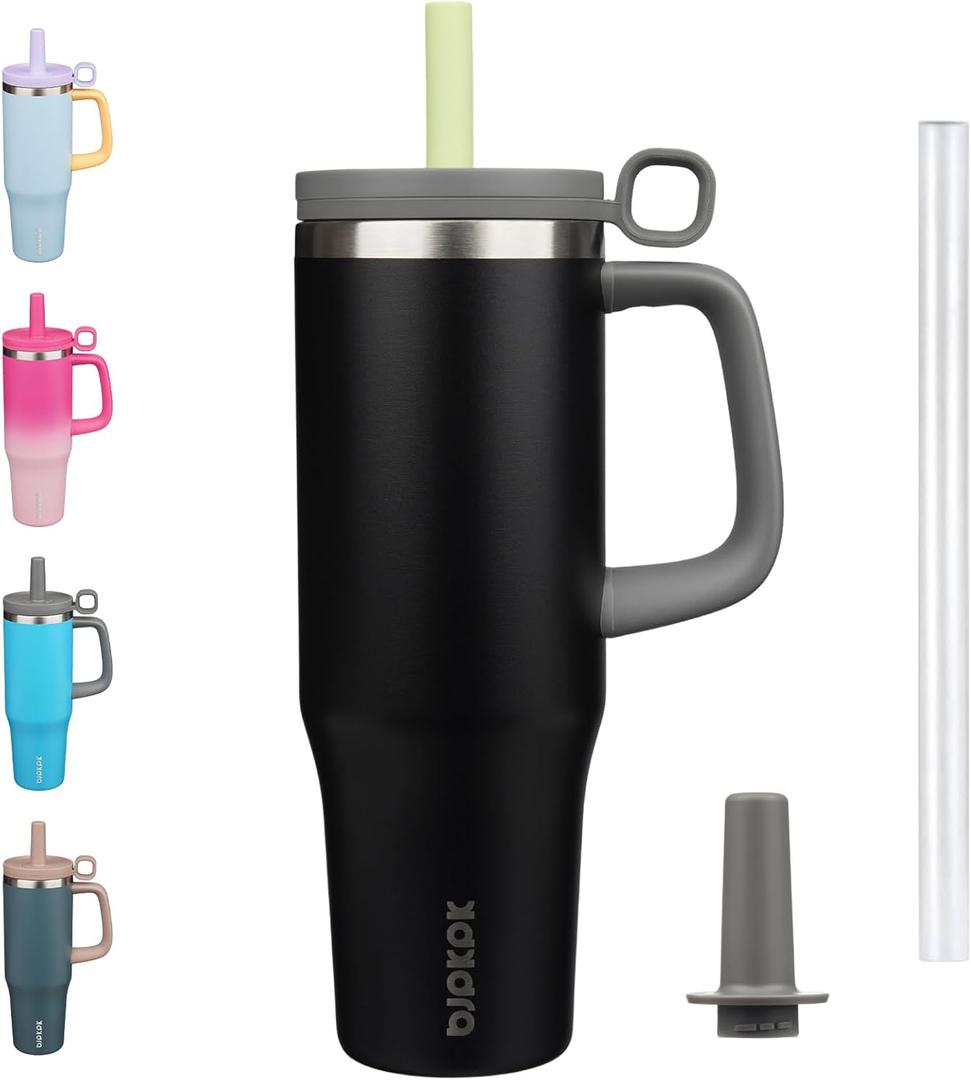 BJPKPK Insualted Tumblers with Handle and Straw 40oz Stianless Steel Travel Coffee Mug Thermal Cups with Lid,Black