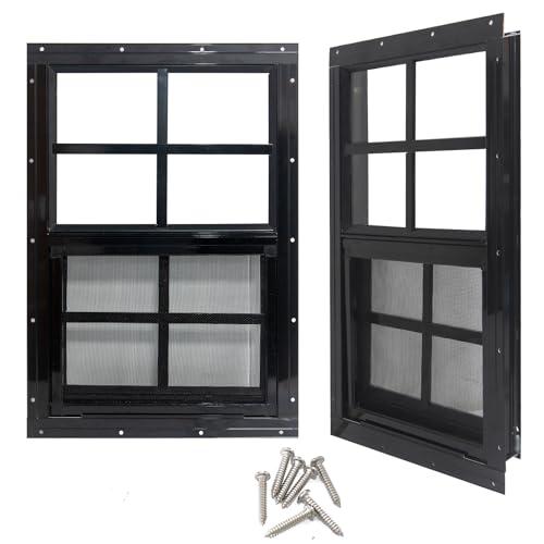 Yuzzy 24" x 36" Shed Windows with Tempered Glass and Fiberglass Screen, 2 Pack Small Sliding Windows for Shed, Chicken Coop, Playhouse, Household, Garage, Barns (Black)