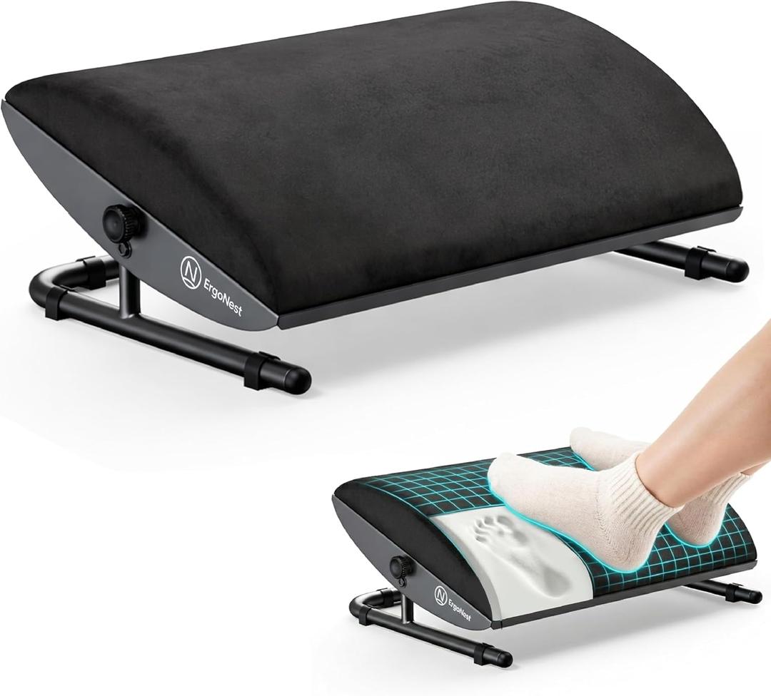 Under Desk Foot Rest Adjustable Ergonomic Foot Rest with Steel Frame & Memory Foam Cushion, Soft Velour Finish for Superior Comfort, Designed to Improve Posture & Relieve Leg Pressure | ErgoNest