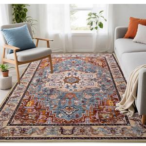 Washable Area Rugs 3x5, Low Pile Vintage Carpet, Non-Slip Distressed Rug for Bedroomn Living Room, Dining Room, Non-Slip, Low Pile, Rust Brown