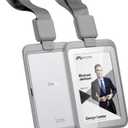 Phomo Self Retractable ID Badge Holders with Carabiner Reel Clip and Badge Lanyard, Heavy-Duty ID Card Holder for Neck, Vertical Style Transparent Hard Accessories Clear, (Holds 1 to 2 Cards) (Grey)