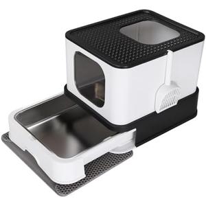 RIZZARI Enclosed Cat Litter Box with Lid, Large Foldable Litter Box with Litter Scoop, Top Entry Cat Toilet for Kittens and Big Cats (Dark Gray,Stainless Steel, Large)