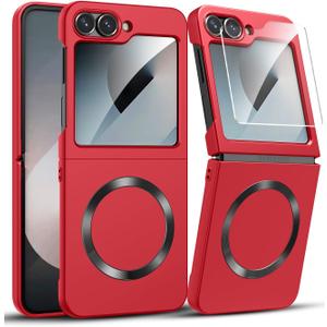 MAKAVO for Samsung Galaxy Z Flip 6 Case, Flip 7 FE Case, Compatible with MagSafe, with Built-in Screen Protector, Flip6 Slim Hard Magnetic Phone Case, Red
