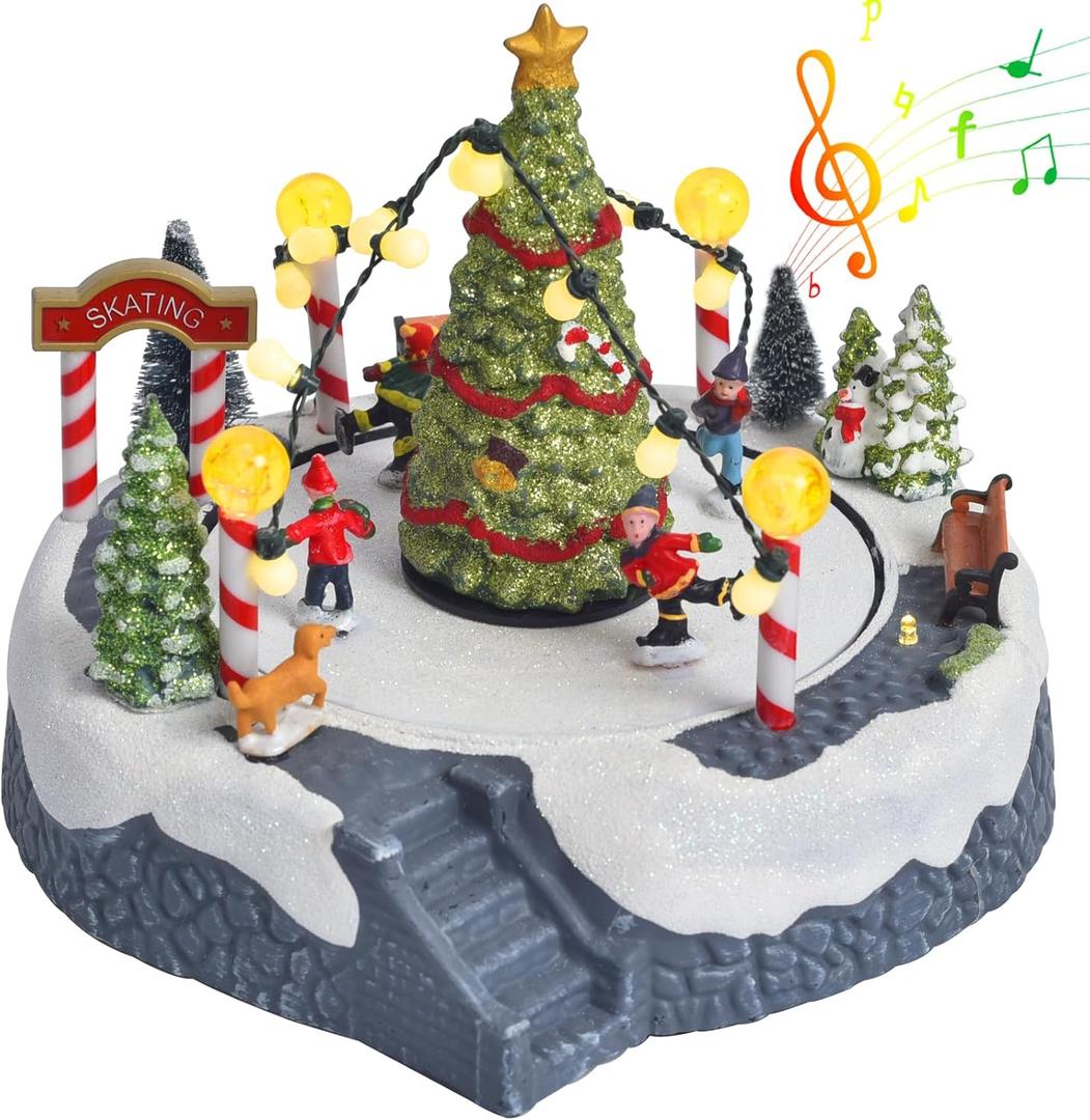 Christmas Village Ice Skating Rink Animated Decorations, Lighted Musical Winter Snow Village Building Figurine with Christmas Tree and Skaters, LED Light Up Holiday Indoor Town Decor