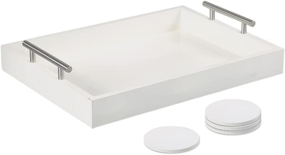 Serving Tray 16.5X 13 Deluxe Wooden Ottoman Tray, Coffee Table with Polished Silver Metal Handles-4 Round Coasters Included, White