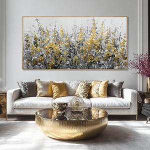 Framed Golden Floral Canvas Wall Art Large 29x58 Inch Grey and Gold Abstract Painting Textured Modern Flower Artwork for Above Couch Living Room Bedroom Home Decor