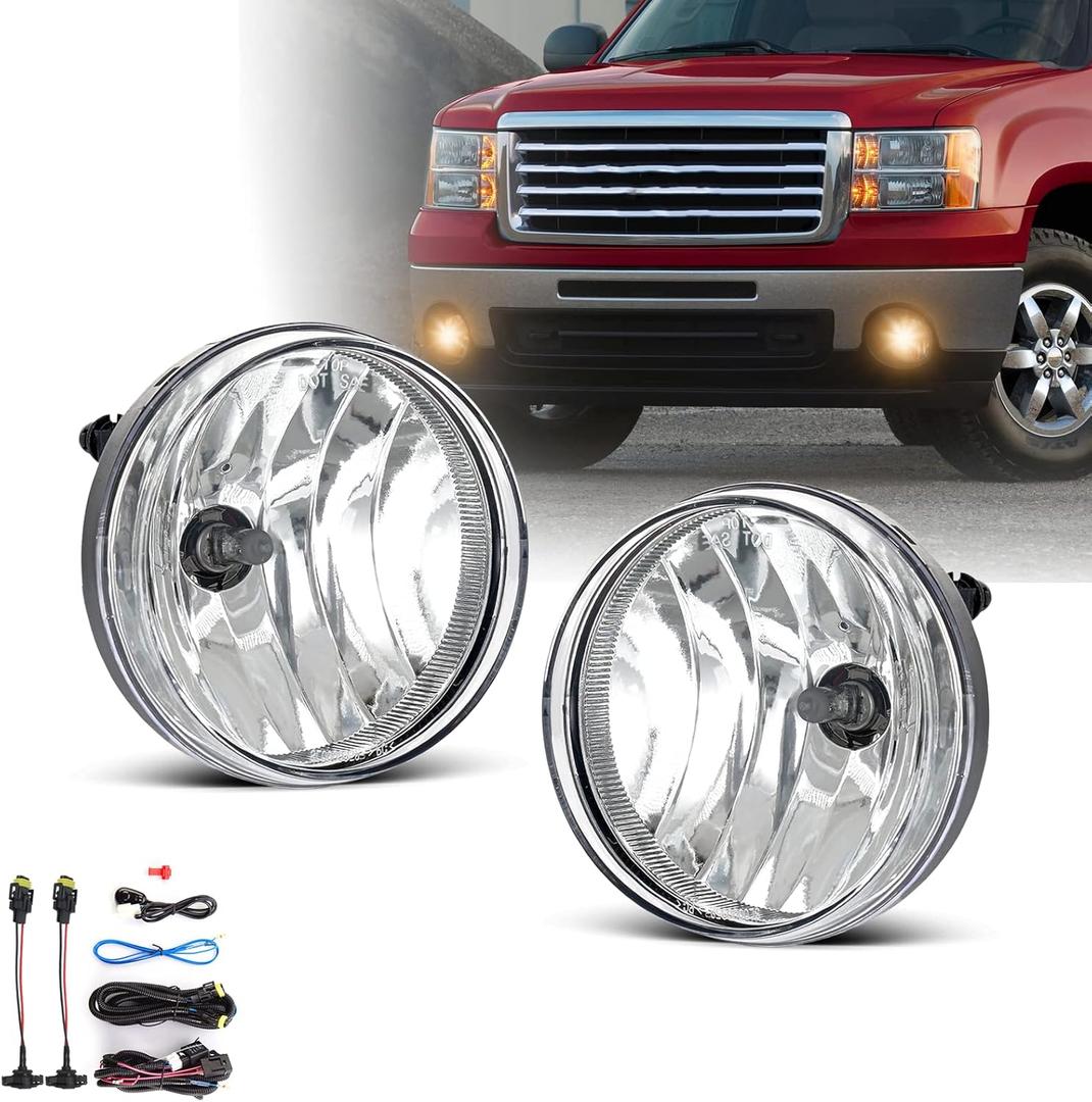 SPIEGEER Fog Lights Assembly for 2007 2008 2009 2010 2011 2012 2013 GMC Sierra 1500 Replacement Fog Lamp Kit for 2007-2014 Sierra 2500 3500 HD with Switch & Wiring H8 12V 35W Halogen Bulb Clear Lens