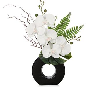 Briful Orchid Fake Flowers 16.1'' White Artificial Orchid Silk Flowers in Black Pot Faux Orchid Arrangement for Home Office Desk Modern Decoration