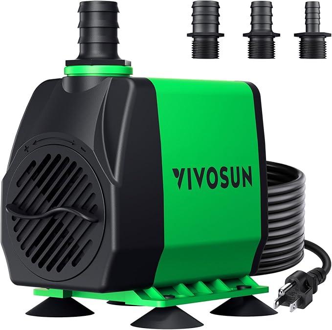 VIVOSUN 800GPH Submersible Pump(3000L/H, 24W), Ultra Quiet Water Fountain Pump with 10ft. High Lift with 6.5ft. Power Cord, 3 Nozzles for Fish Tank, Pond, Aquarium, Statuary, Hydroponics