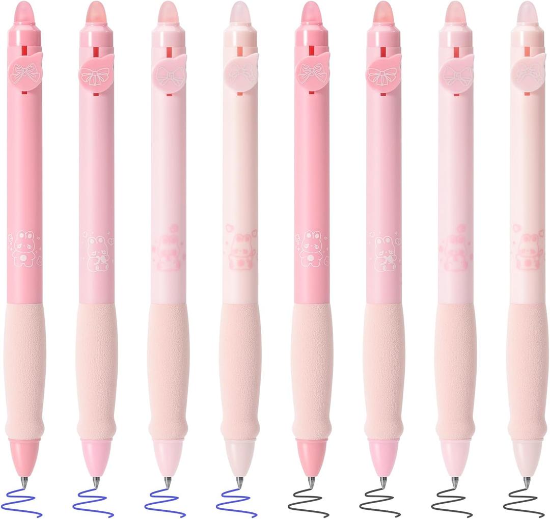 BAYTORY 8Pcs Cute Retractable Erasable Gel Pens, Blue and Black Ink Pen with Eraser Clear, Smooth Writing Comfortable to Use for Note Taking Marking Planner Crossword Puzzles (Pink)