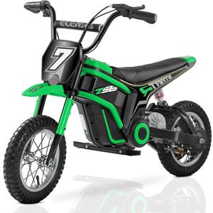 ELEMARA Electric Motorcycle, 350W Eelectric Dirt Bike for Kids, 15.5 mph & 150lb Max, w/Music & Bluetooth, Chain-Driven Motor,Twist-Grip Throttle & Hand-Operated Rear Brake,12" Air-Filled Tires-Green