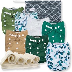 Nora's Nursery Morning Dew Cloth Diapers 7 Pack with 7 Inserts & 1 Wet Bag - Waterproof Cover, Washable, Reusable & One Size Adjustable Pocket Diapers for Newborns and Toddlers - Sage and Sea