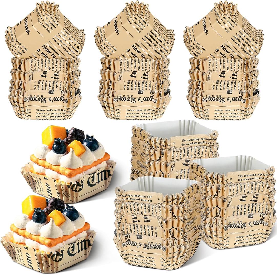 Maxcheck 300 Pcs Square Cupcake Liners 2.36 Inches Dessert Liner Paper Square Baking Cups Paper Brownie Cupcake Patterned Wrappers for Wedding Baby Shower Birthday Party Cake(Retro)