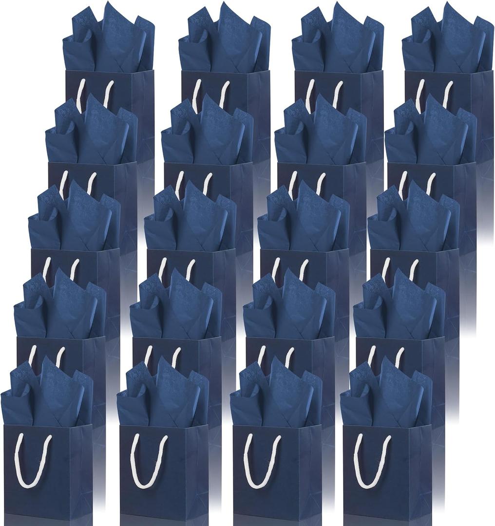 ysmile 20 Pack Small Gift Bag Bulk with Tissue Paper, Mini Paper Bag with Handle 5" Welcome Party Favor Christmas Wedding Birthday - Navy Blue