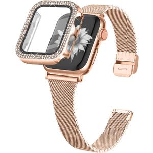Joyozy Slim Stainless Steel Band Compatible with Apple Watch 38mm 40mm 41mm 42mm 44mm 45mm 46mm Milanese Strap with Bling Glitter Case Built-in Screen Protector Dressy Bracelet Band for Women (Rose Gold 46mm)