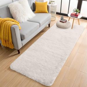 OLANLY 2x5 Machine Washable Runner Rugs for Hallway, Soft Fluffy Shaggy Bedside Rugs for Bedroom, Living Room, Indoor Floor Carpet for Kids Girls and Boys, Nursery Rooms, Home Decor Aesthetic, Ivory