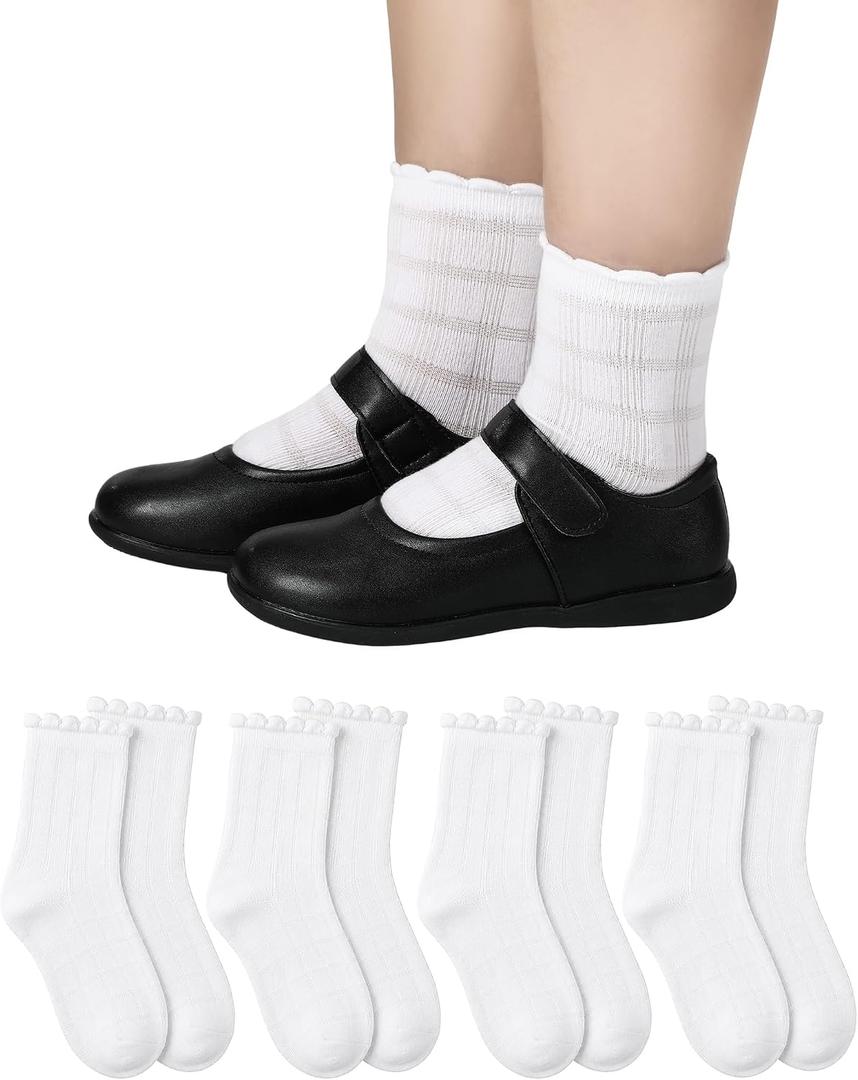 Shyyween 4 Pairs Girls White Ruffle Socks Kids Cotton School Uniform Dress Socks Crew Ankle Size 4-12 Years (White)