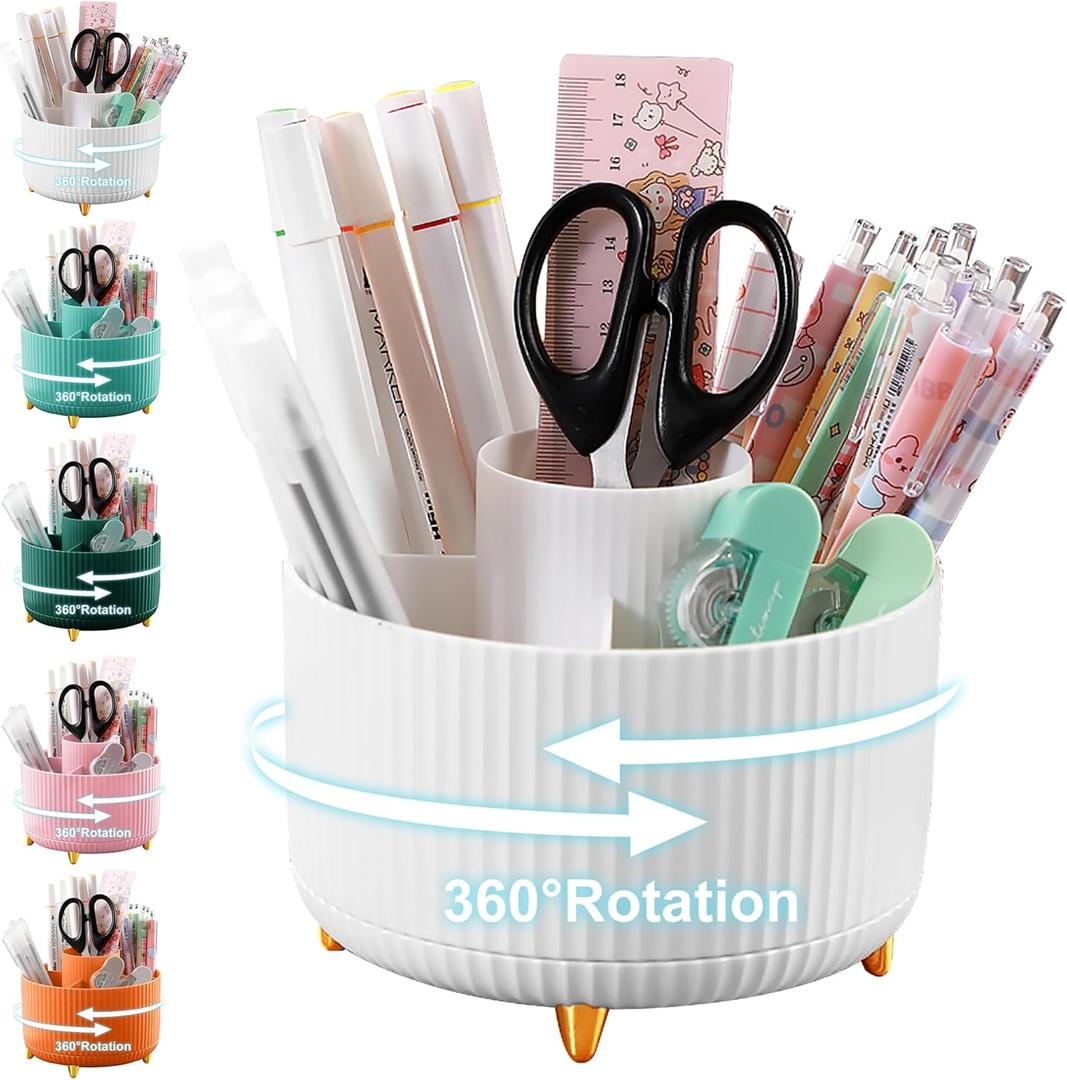 Pencil Holder For Desk,5 Slots 360Degree Rotating Desk Organizers And Accessories,Desktop Storage Stationery Supplies Organizer, Cute Pencil Cup Pot For Office, School, Home (B-White)